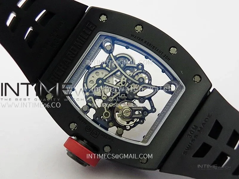 RM055 Red Crown Black Inner Black Ceramic ZF 1:1 Best Edition Skeleton Dial On Black Rubber Strap RMUL2 Super Clone