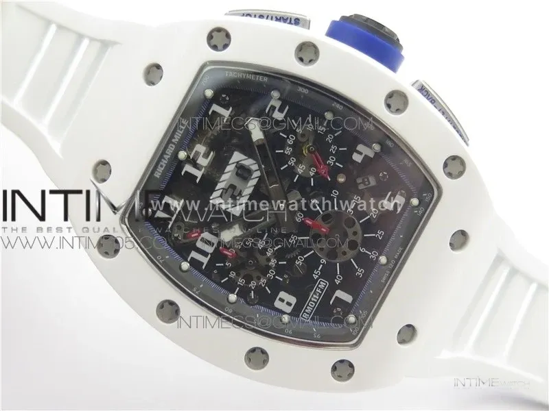 RM011 Real White Ceramic Chronograph KVF 1:1 Best Edition Crystal Skeleton Dial Blue on White Rubber Strap A7750