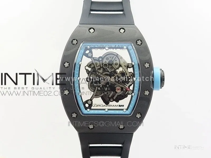 RM055 Carbon Case KVF Best Edition Carbon Bezel Skeleton Dial Blue Crown on black Rubber Strap MIYOTA8215