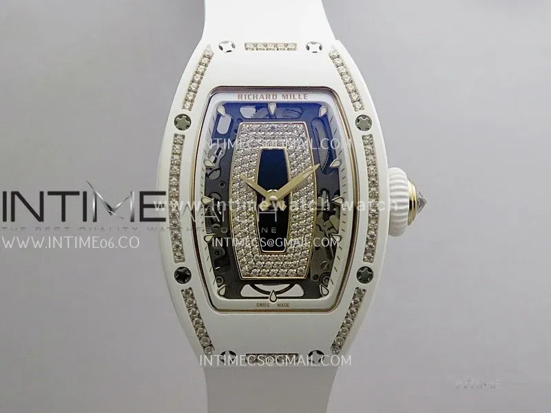RM07 Real White Ceramic Diamond Bezel YG ZF Best Edition Black MOP Diamond Skeleton Dial On White Rubber Strap Asian CRMA2 Clone