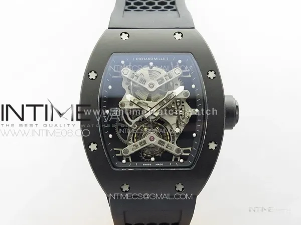 RM027 Titanium DLC Real Tourbillon YSF Best Edition Skeleton Skull Dial on Black Rubber Strap