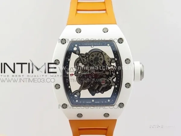 RM055 Real White Ceramic Case V2 KVF Best Edition Skeleton Dial White Crown on Orange Rubber Strap MIYOTA8215