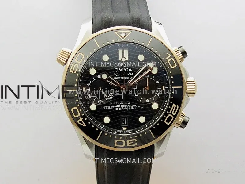 Seamaster 300M Chrono Black Ceramic Bezel SS/RG N1F 1:1 Best Edition Black Dial on Black Rubber Strap A9900