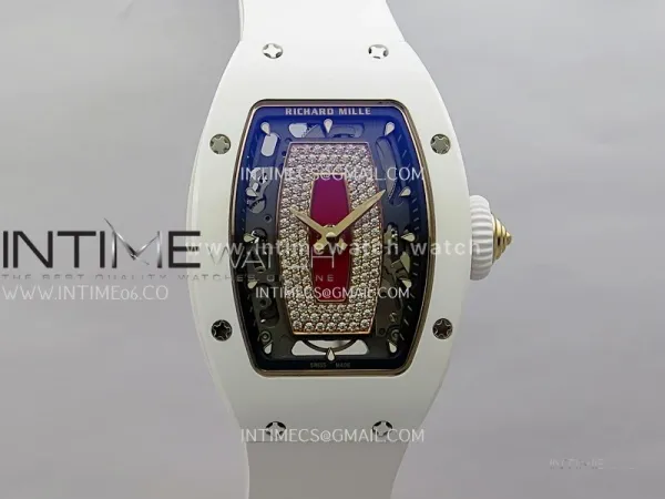 RM07 Real White Ceramic Bezel RG ZF Best Edition Red MOP Diamond Skeleton Dial On White Rubber Strap Asian CRMA2 Clone