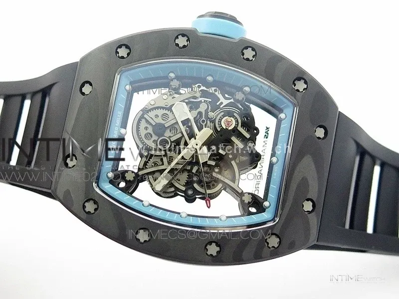RM055 Carbon Case KVF Best Edition Carbon Bezel Skeleton Dial Blue Crown on black Rubber Strap MIYOTA8215