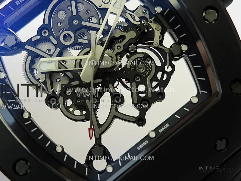 RM055 Black Crown And Inner Black Ceramic ZF 1:1 Best Edition Skeleton Dial On Black Rubber Strap RMUL2 Super Clone