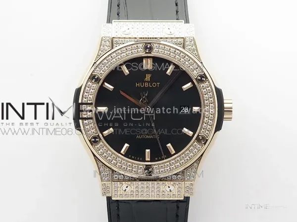 Classic Fusion 42mm RG Paved Diamonds Case/Bezel B50F Black Dial On Black Gummy Strap A2892