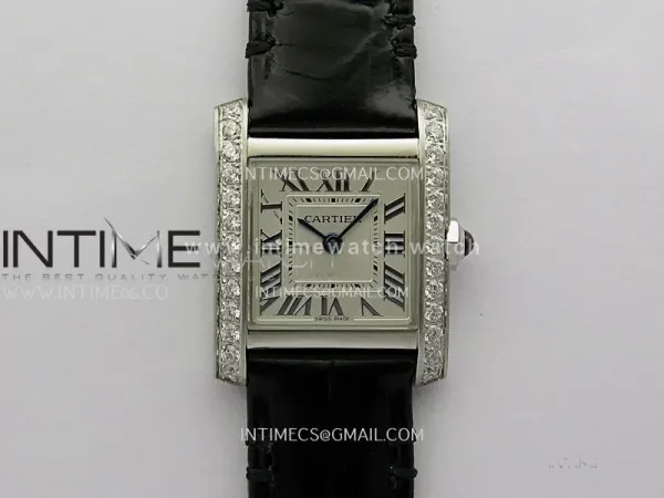 Tank Francaise Ladies 21.2mm Diamond Bezel SS 8848F 1:1 Best Edition Silver Dial on Black Leather Strap Ronda Quartz V2