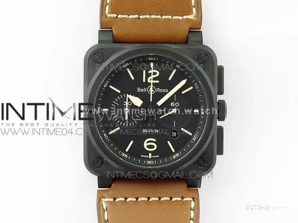 BR 03-94 Chrono PVD Black Dial Yellow Markers on Brown Leather Strap A7750 (Free Nylon Strap)