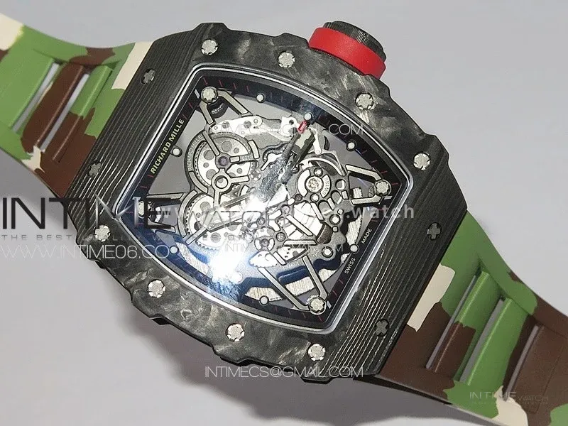 RM035-02 Forged Carbon Case KUF Best Edition Red Crown on Camouflage Rubber Strap MIYOTA8215