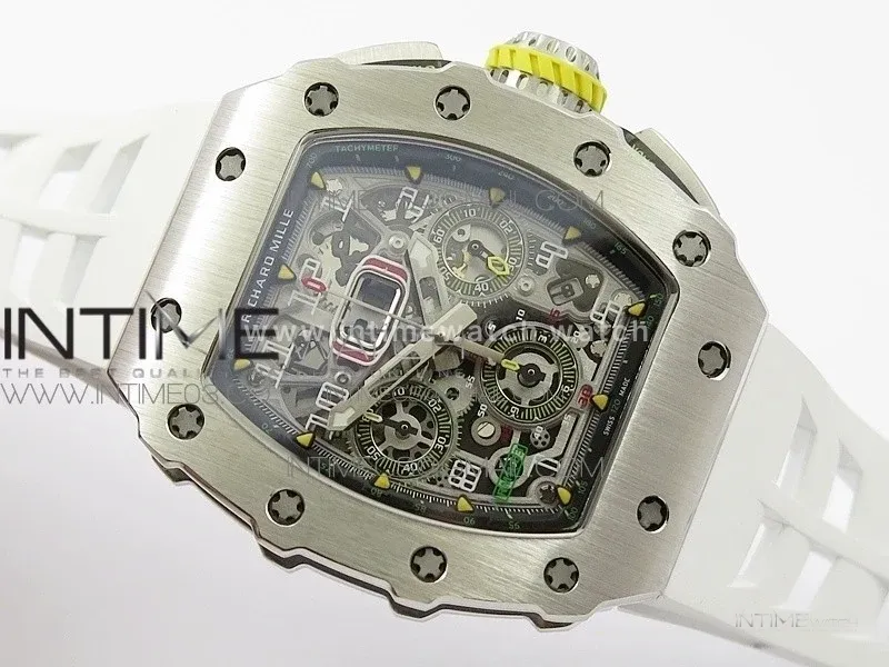 RM11-03 SS KVF 1:1 Best Edition Crystal Skeleton Dial on White Racing Rubber Strap A7750