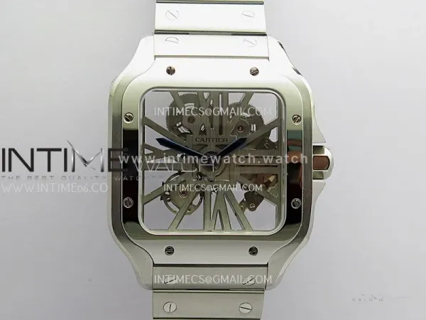 Santos Skeleton SS Rich Factory 1:1 Best Edition Skeleton Silver Dial 9611MC Super Clone (Free Leather Strap)