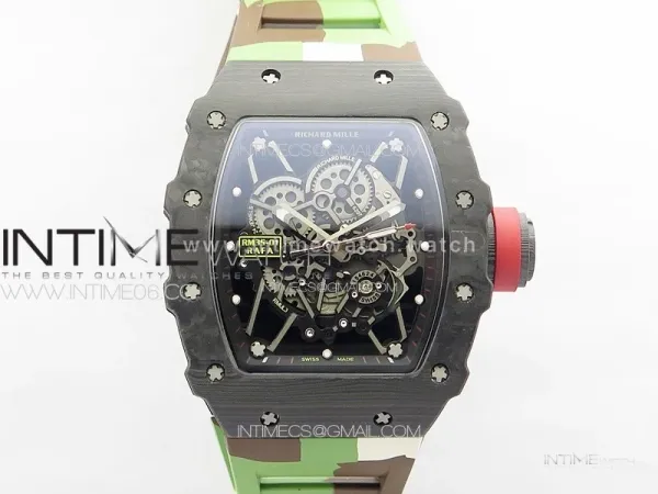 RM035-01 Forged Carbon Case KUF Best Edition Red Crown on Camouflage Rubber Strap MIYOTA8215