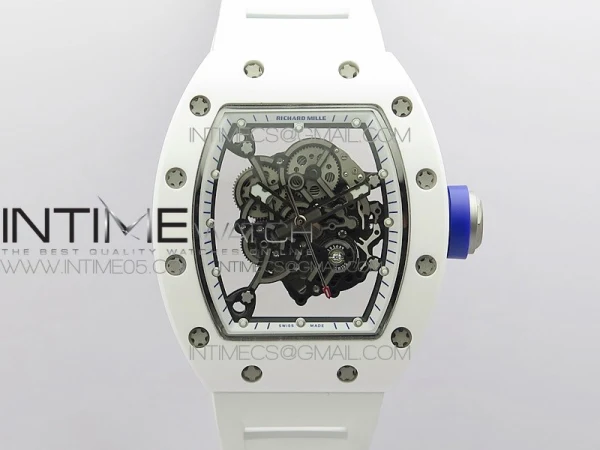 RM055 White Ceramic KVF Best Edition Skeleton Dial Blue Crown on White Rubber Strap MIYOTA8215 V3