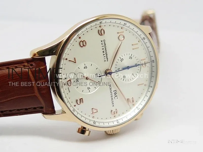 Portuguese 40mm Chrono RG White Dial on Leather Strap A7750