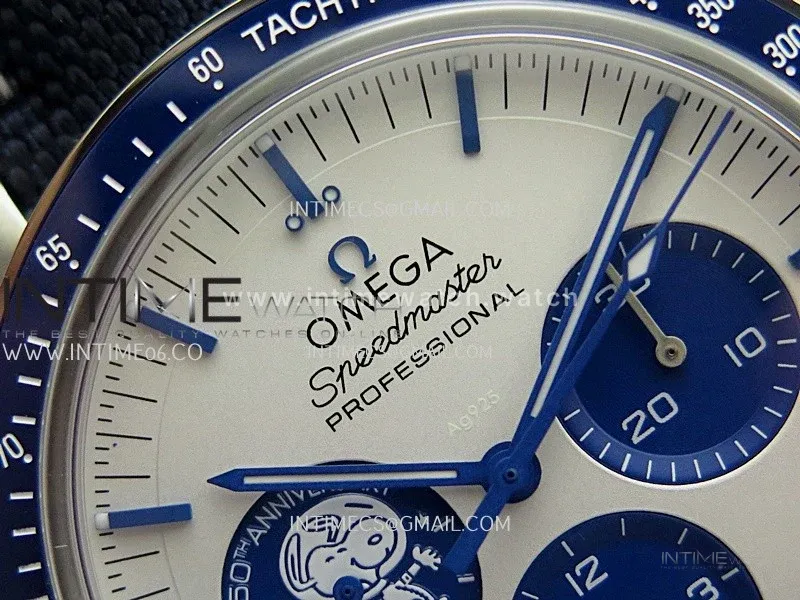 Speedmaster Professional Snoopy SS SMF 1:1 Best Edition Silver Dial Blue Marker On Blue Nylon Strap A3861(Free SS Bracelet)