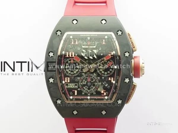 RM011 RG Case Carbon Bezel Chronograph KVF 1:1 Best Edition Skeleton Dial Red/RG on Red Rubber Strap A7750