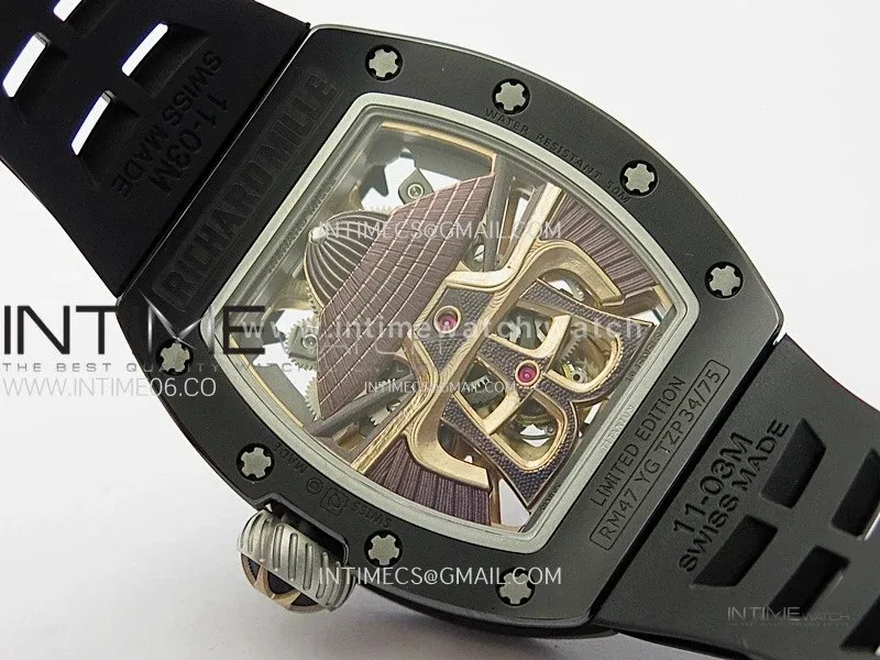 RM047 DLC/RG YSF Skeleton Dial on black Rubber Strap Asian Tourbillon