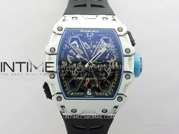 RM035-03 White Carbon/Blue Crown Z Factory Skeleton Dial on Black Rubber Strap Asian Skeleton movement