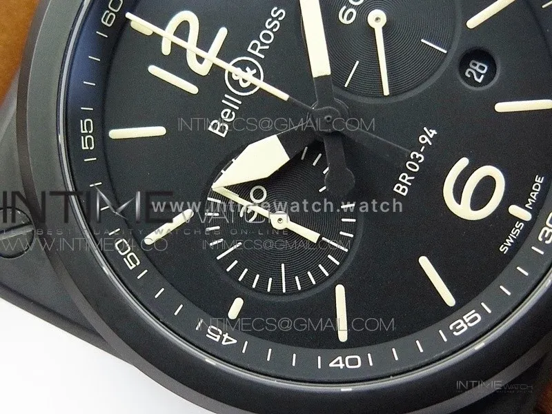 BR 03-94 Chrono PVD Black Dial Yellow Markers on Brown Leather Strap A7750 (Free Nylon Strap)