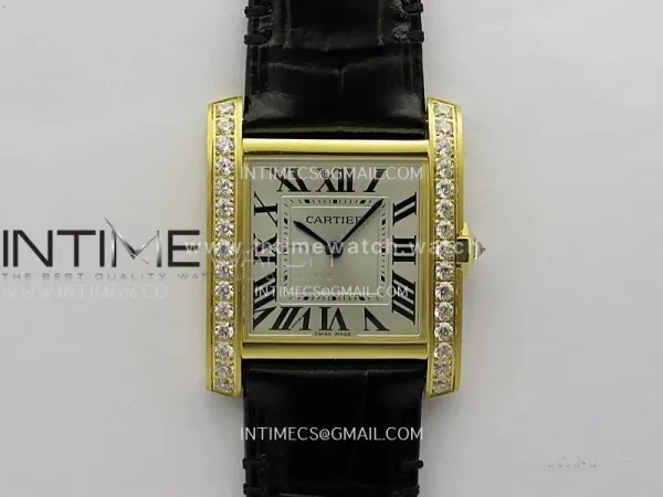 Tank Francaise Ladies 27mm Diamond Bezel YG 8848F 1:1 Best Edition Silver Dial on Black Leather Strap Ronda Quartz V2