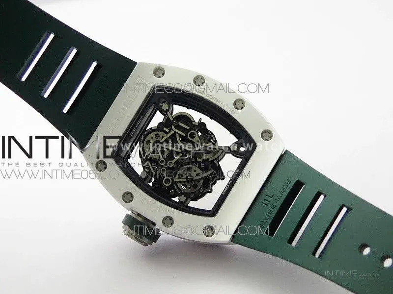 RM055 White Ceramic KVF Best Edition Skeleton Dial White on Green Rubber Strap MIYOTA8215 V3