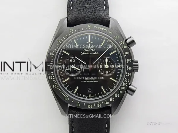 Speedmaster "Dark Side of The Moon" Real Ceramic N1F 1:1 Best Edition Black Dial on Black Leather Strap A9300