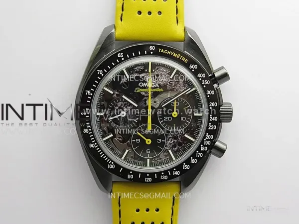 Speedmaster 44mm Ceramic SMF 1:1 Best Edition Black Skeleton Dial Yellow Hands On Yellow Leather Strap A3869 (Free Strap)