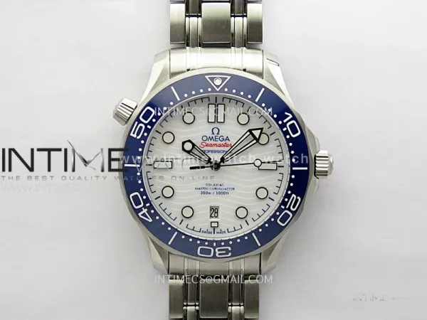 Seamaster Diver 300M B50F Blue Ceramic White Dial on SS Bracelet A8800 (Free Rubber Strap)