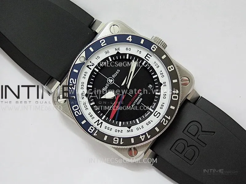 BR03 GMT Compass Blue/Black Bezel SS B12 Best Edition Black Dial 42mm On Black Rubber Strap A2836 (Free Nylon Strap)
