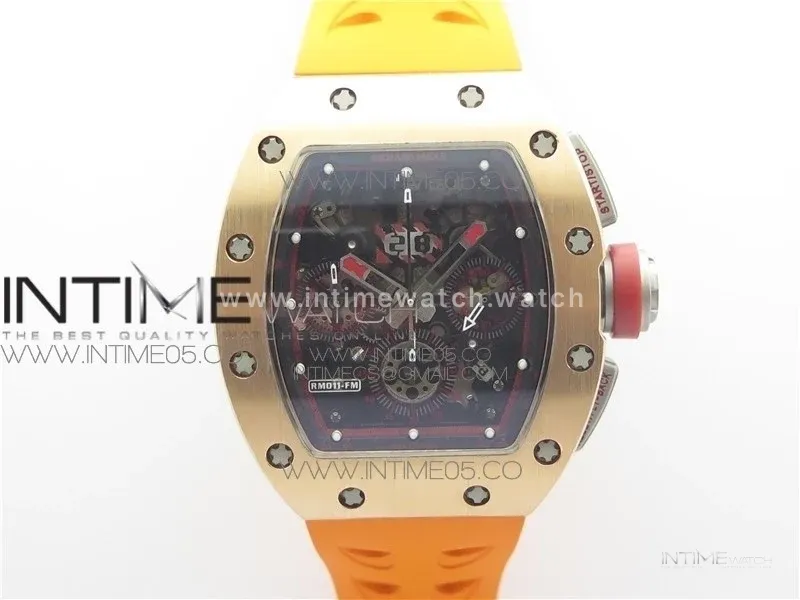 RM011-FM RG CHRONOGRAPH RG CASE KVF 1:1 BEST EDITION CRYSTAL SKELETON DIAL ON ORANGE RUBBER STRAP A7750