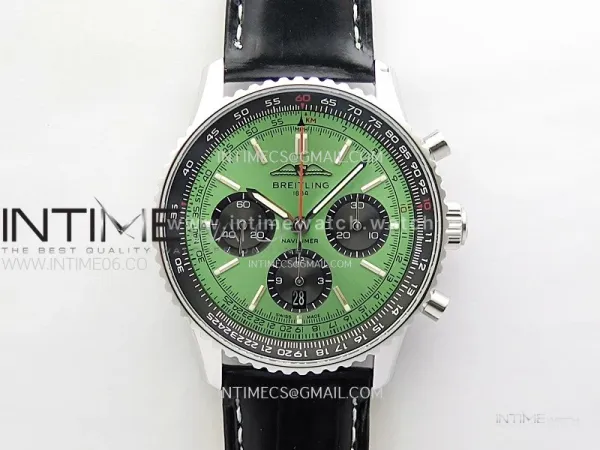 Navitimer B01 43mm SS B50 Best Edition Green Dial Black Subdial On Black Leather Strap A7750