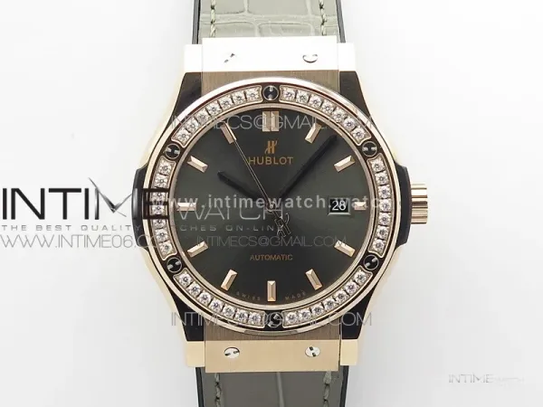 Classic Fusion 42mm RG Paved Diamonds Bezel B50F Gray Dial On Gray Gummy Strap A2892