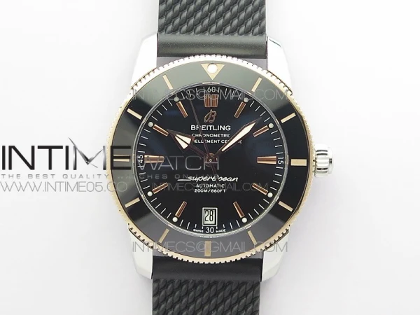 SuperOcean 42mm AB2010 SS/RG B50 1:1 Best Edition Black Dial Black Ceramic Bezel on Black Rubber strap A2824