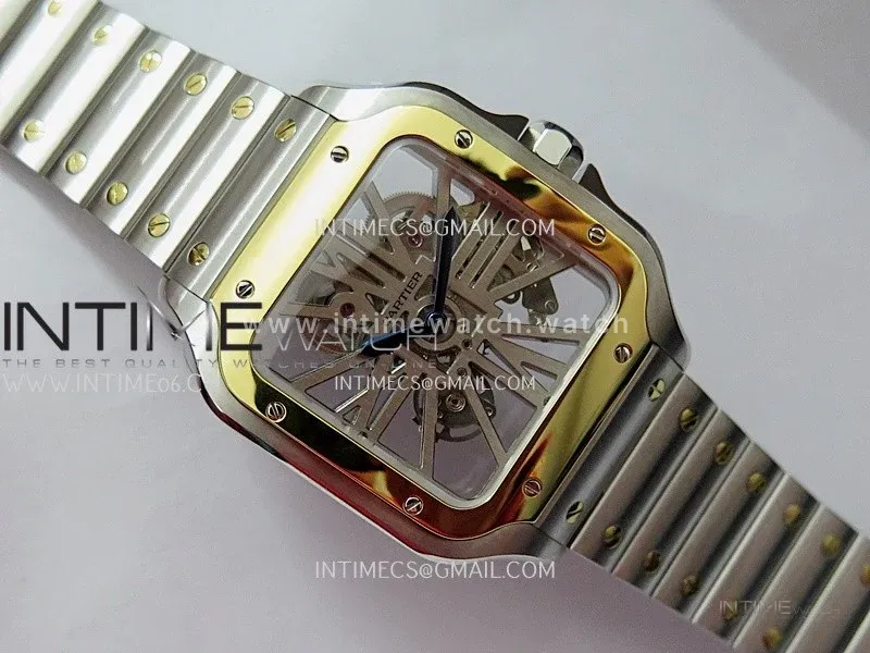 Santos Black SS/YG Rich Factory 1:1 Skeleton Silver Dial On SS/YG SmartLink Bracelet 9611MC Super Clone (Free Leather Strap)
