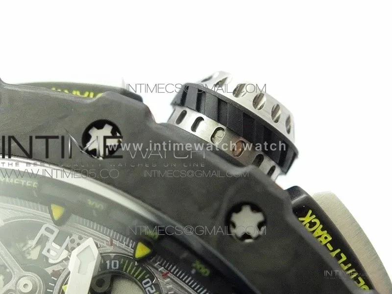 RM011 Carbon Case Chrono KVF 1:1 Best Edition Crystal Skeleton Yellow Dial on Gray Rubber Strap A7750 V2