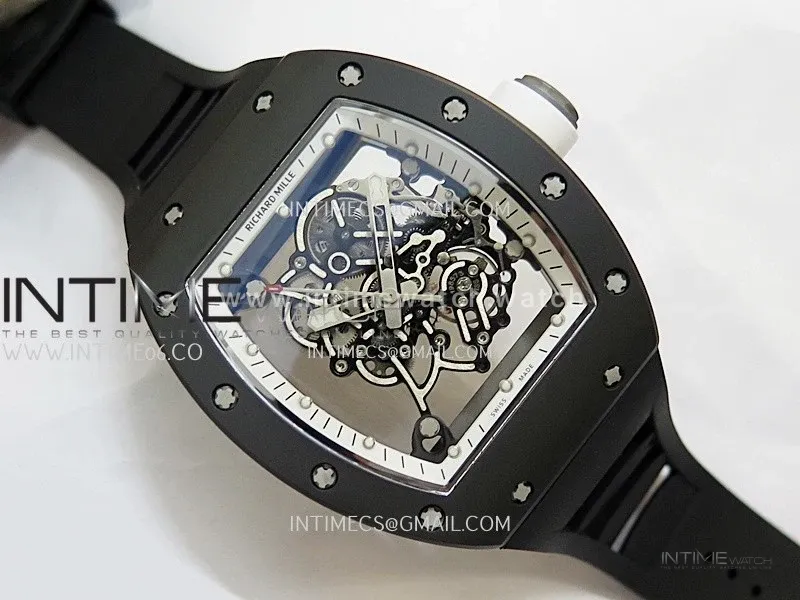 RM055 Black Ceramic White Inner RMF Best Edition Skeleton Dial On Black Rubber Strap RMUL2 Super Clone