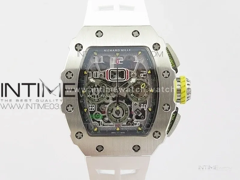 RM11-03 SS KVF 1:1 Best Edition Crystal Skeleton Dial on White Racing Rubber Strap A7750