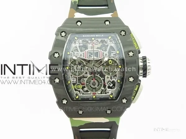 RM011 Carbon Case Chrono KVF 1:1 Best Edition Crystal Skeleton Yellow Dial on Camouflage Rubber Strap A7750