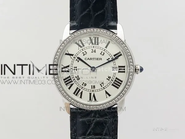 Ronde Solo de Cartier 36mm K11 SS/Dia 1:1 Best Edition White Dial on Black croco leather strap Ronda Quartz