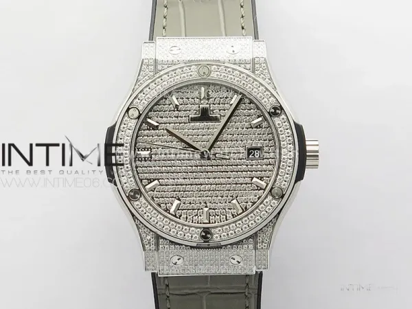 Classic Fusion 42mm SS Paved Diamonds Case And Bezel B50F Paved Diamonds Dial On Gray Gummy Strap A2892