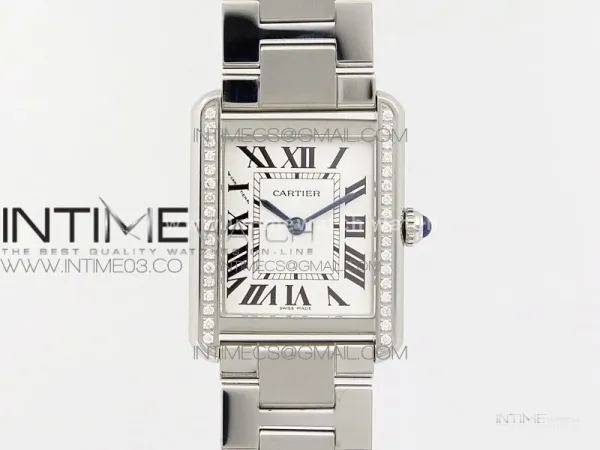 Tank Solo Ladies 25mm SS Diamond Bezel K11F 1:1 Best Edition White Dial on SS Bracelet Ronda Quartz