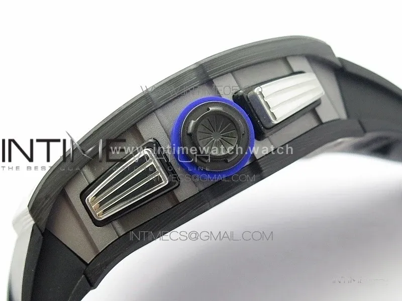 RM011 Titanium Case Carbon Bezel Chronograph KVF 1:1 Best Edition Skeleton Dial Blue Crown on Black Rubber Strap A7750