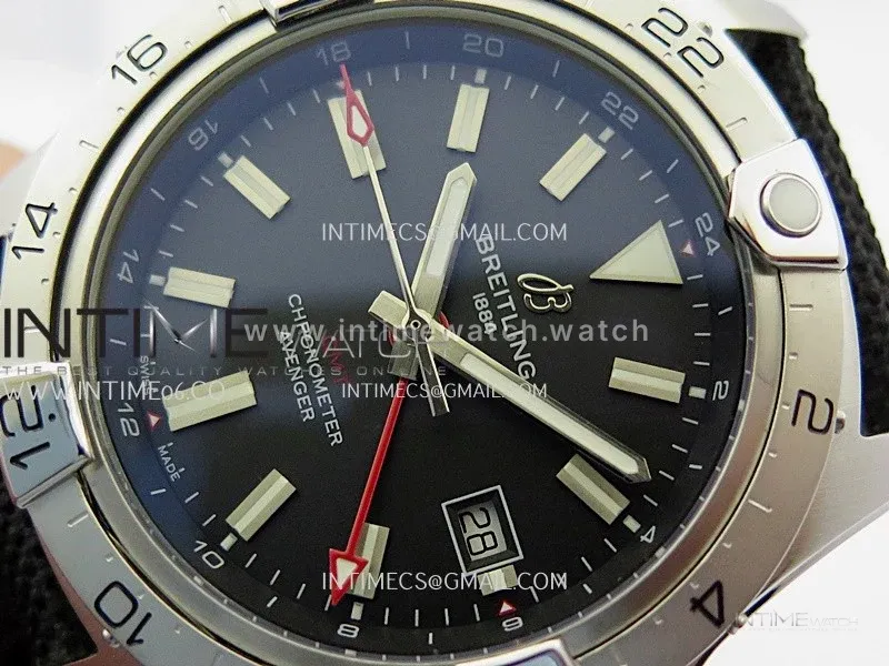 Avenger Chronometer 42mm GMT Red Second Hand SS BLSF 1:1 Best Version Black Dial On Black Nylon Strap A2836