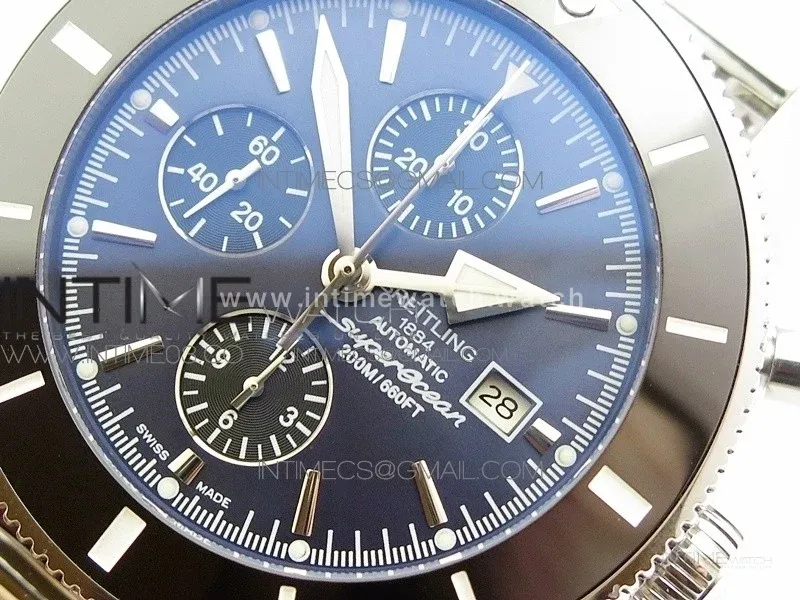 SuperOcean A13312 46mm Black Ceramic Bezel Blue Dial/black subdial on SS Bracelet A7750