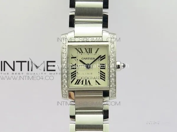Tank Francaise Ladies 25mm Dia Bezel SS 8848F 1:1 Best Edition Ivory Dial on SS Bracelet Ronda Quartz