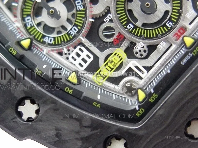 RM011 Carbon Case Chrono KVF 1:1 Best Edition Crystal Skeleton Yellow Dial on Orange Rubber Strap A7750 V2