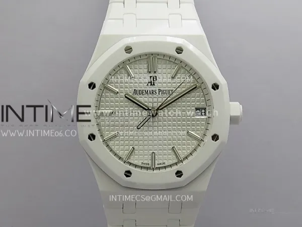 Royal Oak 41mm 15500 White Ceramic ZF Free Sprung 1:1 Silver Textured Dial On White Ceramic Bracelet Super Clone A4302