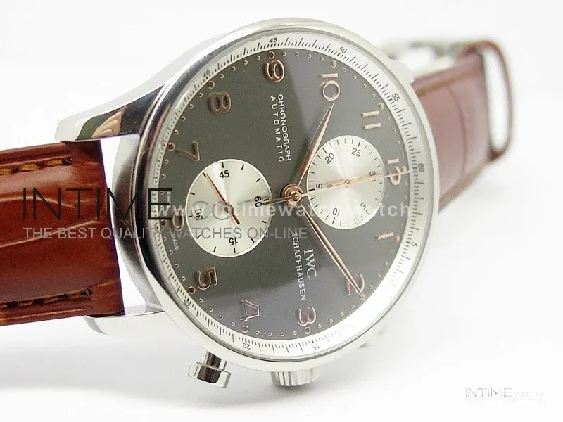 Portuguese 40mm Chrono SS Gray Dial Sliver subdial on Leather Strap A7750