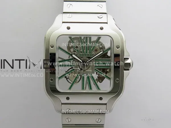 Santos de Cartier Skeleton SS MLF Skeleton Green Dial on SS SmartLink Bracelet 9611MC Super Clone